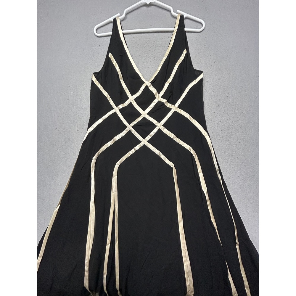 Papell Boutique Evening Dress 100% Silk Black Cream Ribbon Size 14 Women